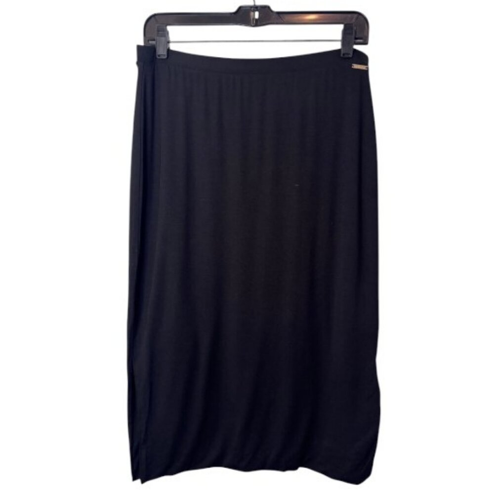 T Tahari black side slit modal stretch midi go skirt size M